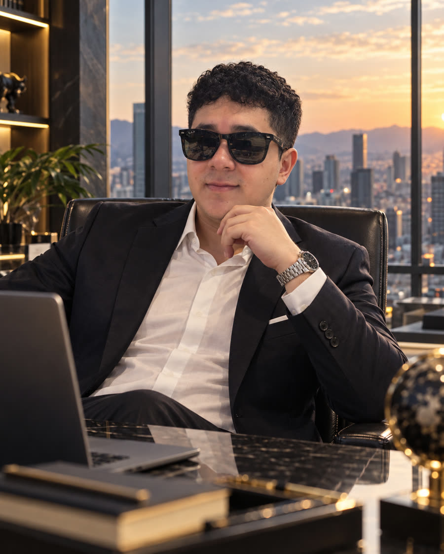 Imagen del beneficiario como ejecutivo: traje, lentes oscuros y reloj de lujo, en una oficina de lujo con vista a una ciudad al atardecer