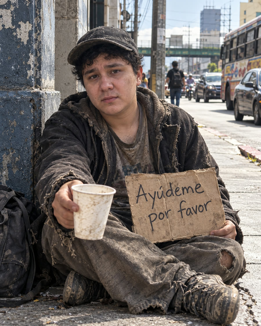 Imagen del beneficiario sentado en una banqueta con ropa sucia, extendiendo un vaso de papel y sosteniendo un cartón que dice «Ayúdeme por favor»