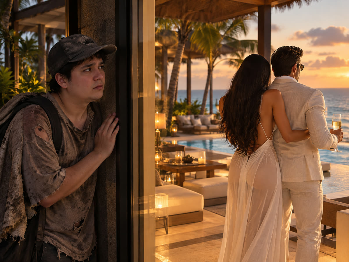 Imagen del beneficiario con ropa rota, espiando desde detrás de una columna a una pareja abrazada en un resort frente al mar al atardecer